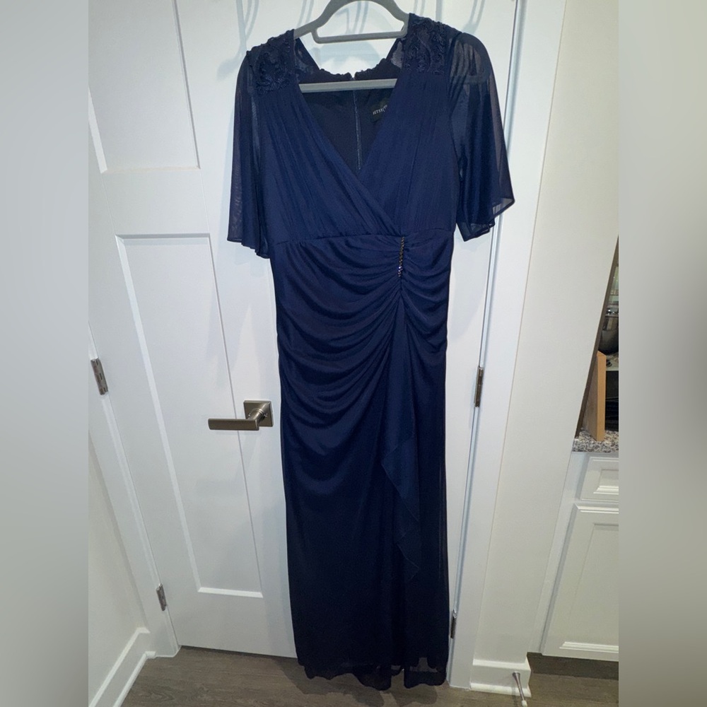 Betsy & Adam Blue Embellished Ruffled Evening Gown (Size 12)